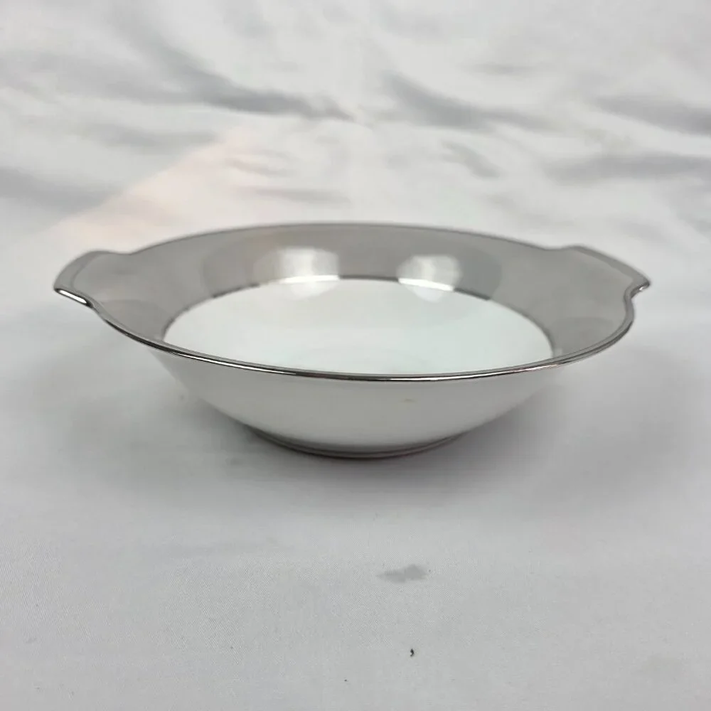 Sango Plantina Round Serving Bowl 9 Inch White with Gray Band & Platinum Trim